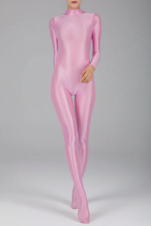 Combinaison brillante satinée pour femmes col montant, manches longues Selada rose