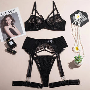 Lingerie sexy noire soutien-gorge string porte-jarretelles et jarretières Amour - GUAPPAA