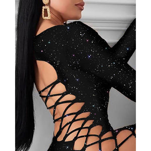 Petite robe noire dos nu laçé à manches longues et paillettes Legal - GUAPPAA