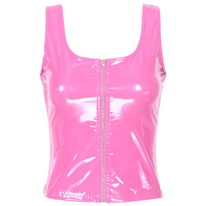 Haut femme crop-top simili latex à tirette verni rose - GUAPPAA