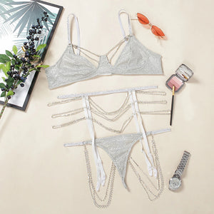 Ensemble sexy de lingerie trois pièces avec porte-jarretelles à strass Satisfaction - GUAPPAA