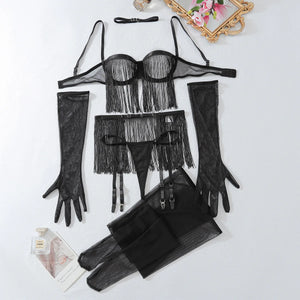 Lingerie sexy ensemble à franges seins nus gants collants porte-jarretelles Milena - GUAPPAA