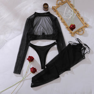 Lingerie sexy string bas noir haut manches longues transparent La Provocation - GUAPPAA