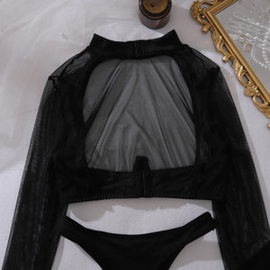 Lingerie sexy string bas noir haut manches longues transparent La Provocation - GUAPPAA