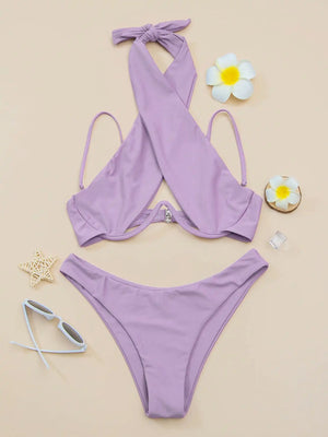 Bikini à bretelles croisées avec armatures 2026 Maillot de bain femme uni Push-up Maillot de bain féminin Maillot de bain de plage d'été Pink - image 9