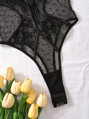 Body string transparent en dentelle et à pois noir Régal - GUAPPAA