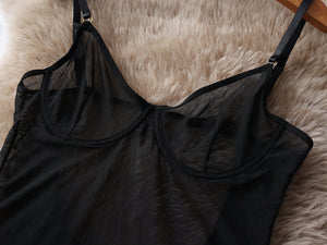 Robe lingerie transparente tulle noir à laçets et gants Maison noire - GUAPPAA