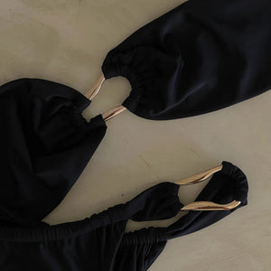 Maillot de bain deux pièces bandeau string tanga taille haute noir Isladora - GUAPPAA