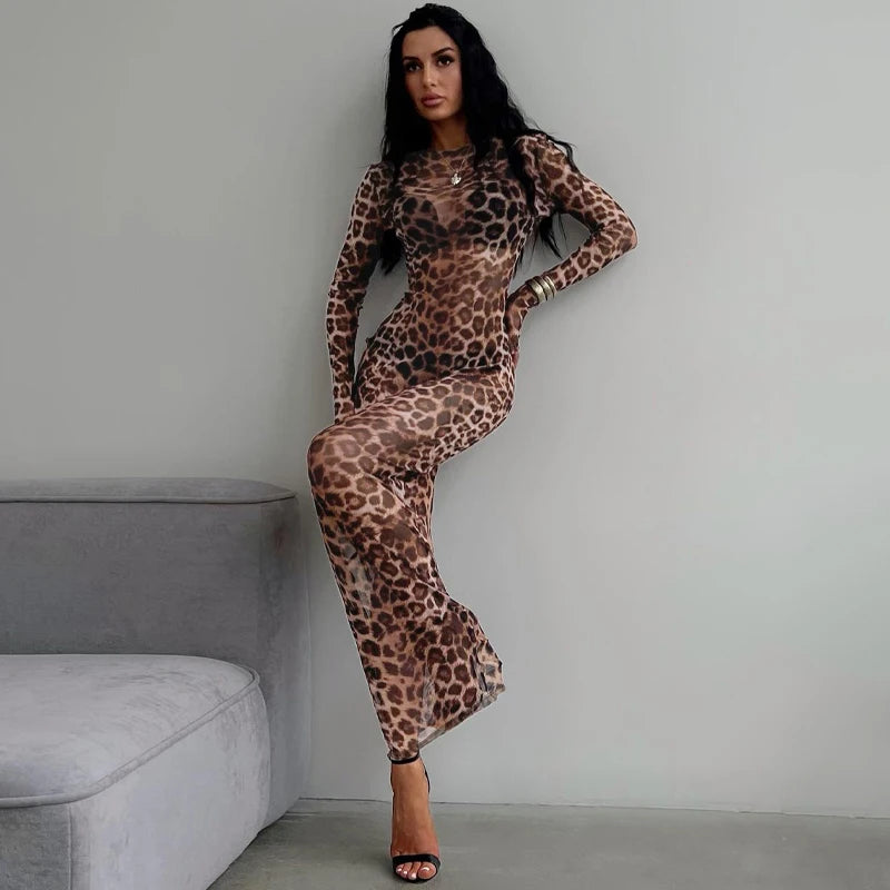 Robe sexy longue spaghetti léopard transparente manches longues Faune - GUAPPAA