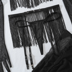 Lingerie sexy ensemble à franges seins nus gants collants porte-jarretelles Milena - GUAPPAA