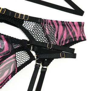 Ensemble de lingerie fine zébrée transparente quatre pièces avec porte-jarretelles Sainte-Marie - GUAPPAA