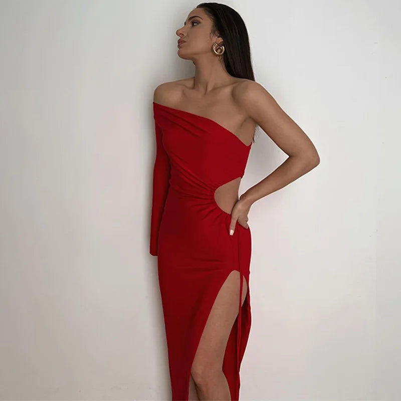 Robe noire rouge une épaule sans manches longue fendue imagination - GUAPPAA