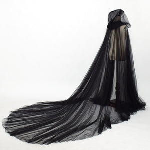 Cape transparente à longue traîne avec capuche lingerie gothique sexy Nuit noire - GUAPPAA