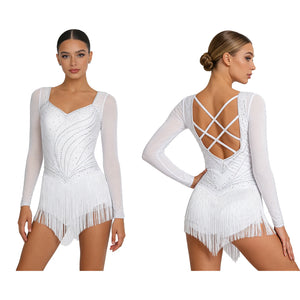 Justaucorps La Fièvre Scénique rose vif à franges pour performance de danse latine