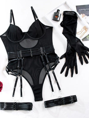 Lingerie body string femme transparent avec porte-jarretelles et jarretières Extasia - GUAPPAA