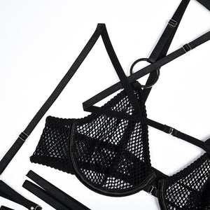 Lingerie résille 4 pièces sexy noir soutien-gorge string fendu et jarretières La Maison - GUAPPAA