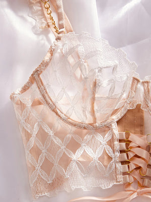 Ensemble sexy bustier lacé string porte-jarretelles frou-frou et jarretières Impérial - GUAPPAA