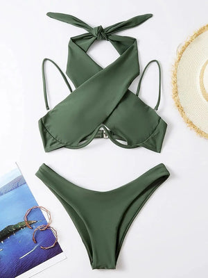 Bikini à bretelles croisées avec armatures 2026 Maillot de bain femme uni Push-up Maillot de bain féminin Maillot de bain de plage d'été Pink - image 13