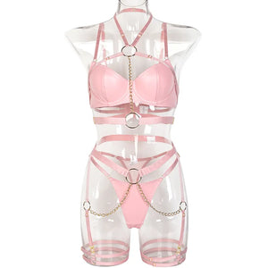 Ensemble lingerie sexy faux cuir à chaines et porte-jarretelles 3 pièces Saturne - GUAPPAA