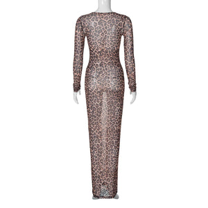 Robe sexy longue spaghetti léopard transparente manches longues Faune - GUAPPAA