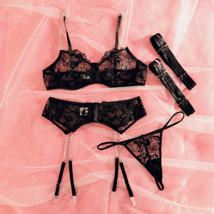 Lingerie dentelle transparente sexy ensemble cinq pièces avec porte-jarretelles et jarretières Saint-Sauveur - GUAPPAA
