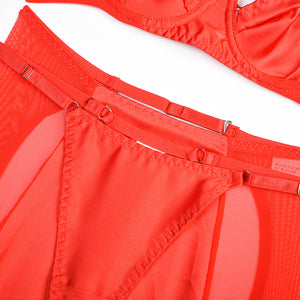 Lingerie fine ensemble trois pièces porte-jarretelles rétro noir rouge ouvert aux fesses St-Joseph - GUAPPAA