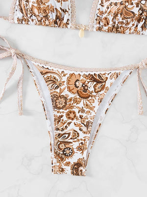 Maillot de bain deux pièces échancré marron bleu fleuri Terre d'eau - GUAPPAA