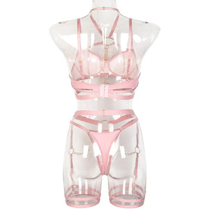 Ensemble lingerie sexy faux cuir à chaines et porte-jarretelles 3 pièces Saturne - GUAPPAA