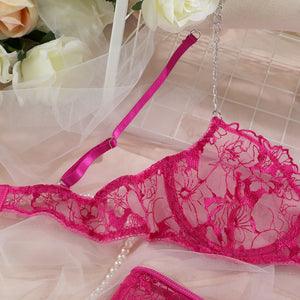 Lingerie dentelle transparente sexy ensemble cinq pièces avec porte-jarretelles et jarretières Saint-Sauveur - GUAPPAA