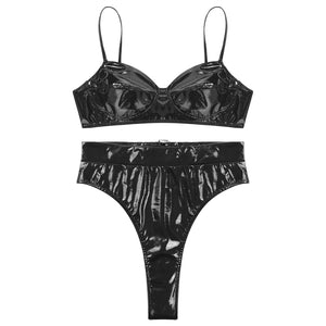 Lingerie latex simili deux pièces string taille haute et soutien-gorge Libertina - GUAPPAA