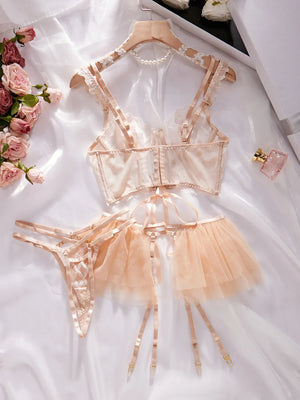 Ensemble sexy bustier lacé string porte-jarretelles frou-frou et jarretières Impérial - GUAPPAA