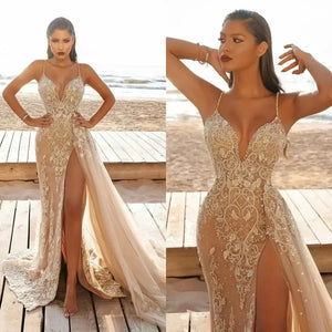 Robe longue fendue de soirée et gala à sequins et dentelle dorée Croisette - GUAPPAA