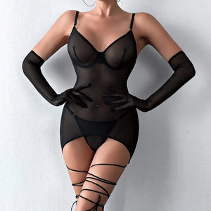 Robe lingerie transparente tulle noir à laçets et gants Maison noire - GUAPPAA