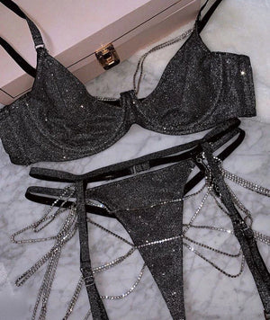 Ensemble sexy de lingerie trois pièces avec porte-jarretelles à strass Satisfaction - GUAPPAA