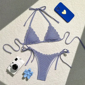 Bikini tanga à ficelles deux pièces rayé bleu blanc L'océan - GUAPPAA