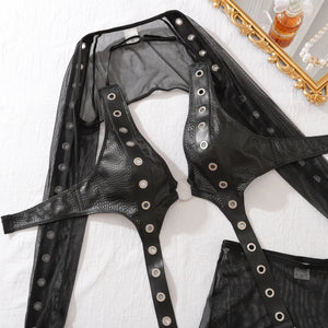 Lingerie punk goth simili cuir noir string jupe soutien-gorge bolero La Cave - GUAPPAA