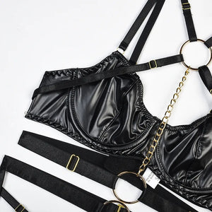Ensemble lingerie sexy faux cuir à chaines et porte-jarretelles 3 pièces Saturne - GUAPPAA