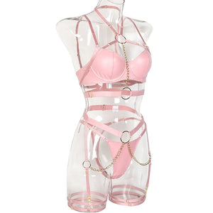 Ensemble lingerie sexy faux cuir à chaines et porte-jarretelles 3 pièces Saturne - GUAPPAA