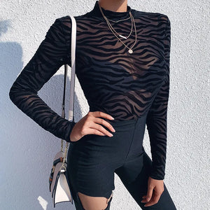 Body Mystère en maille noire transparente à motif zébré et col montant – GUAPPAA – photo 8