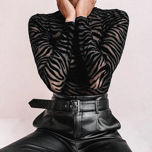 Body Mystère en maille noire transparente à motif zébré et col montant – GUAPPAA – photo 9
