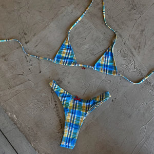 Micro bikini bleu imprimé L’Écho Marin deux pièces à lacets, vue principale