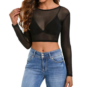 Top femme Brume Noire en maille légère transparente, modèle GUAPPAA.