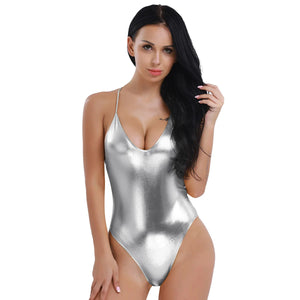 Maillot de bain une pièce tanga irisé argent métallisé La Nébuleuse, vue de face