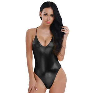 Maillot de bain une pièce tanga noir brillant La Nébuleuse, vue de face