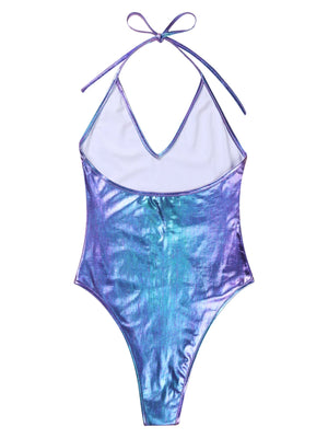 Maillot de bain une pièce tanga irisé violet La Nébuleuse, vue produit dos