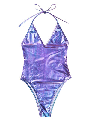 Maillot de bain une pièce tanga irisé violet La Nébuleuse, vue produit face