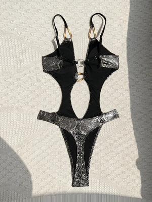 Maillot de bain une pièce tanga imprimé serpent noir La Serpentine, vue produit