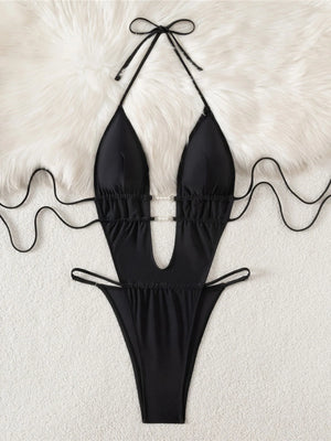 Vue complète du maillot noir perlé Cala Perla pour plage et piscine Guappaa