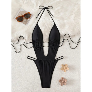 Maillot Cala Perla noir vu sous un autre angle avec détails perlés Guappaa