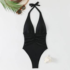 Présentation des cinq coloris rouge blanc bleu brun et noir du maillot une pièce Cala Vela
